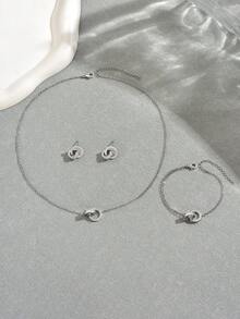 4 件套不锈钢简约奢华精致水钻罗马数字项链，百搭时尚独特设计，适合女性日常佩戴 - 銀色羅馬數位鑲鑽項鍊套裝 - 查看 6