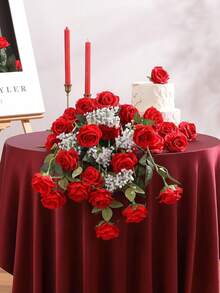 3/6/9/12pcs Artificial Silk Rose Bouquet With Long Stem, Realistic Looking, Ideal For Home Wedding Decoration, Valentine's Day Party, Valentine Day, Gift Gifts Birthday Graduation - 紅色 - 查看 5