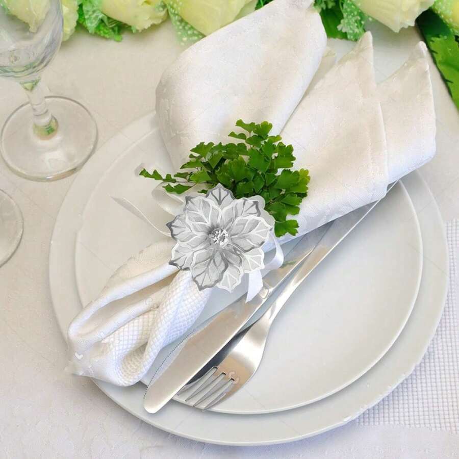 6pcs Alloy Napkin Rings, Hollow Flower Design, Suitable For Weddings, Parties, Holiday Banquets, Christmas Dinners, Exquisite Buckle Decor Gift - Multicolor - View 1