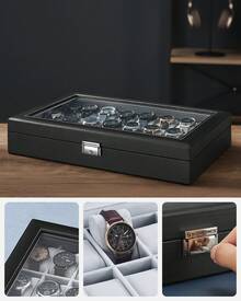 SONGMICS Watch Box, Lockable Watch Case, Watch Storage Box With 24 Slots, Glass Lid, Gift For Loved Ones, Black Synthetic Leather, Grey Lining - Black - View 3