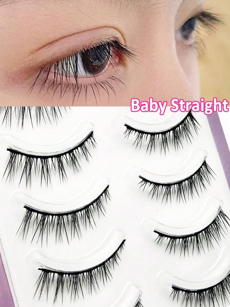Asiteo 5 pares de pestañas postizas estilo París y coreano, nuevas pestañas falsas rectas, naturales y delgadas, adecuadas para principiantes y uso diario, cosplay, estilo anime - Negro - Ver 1