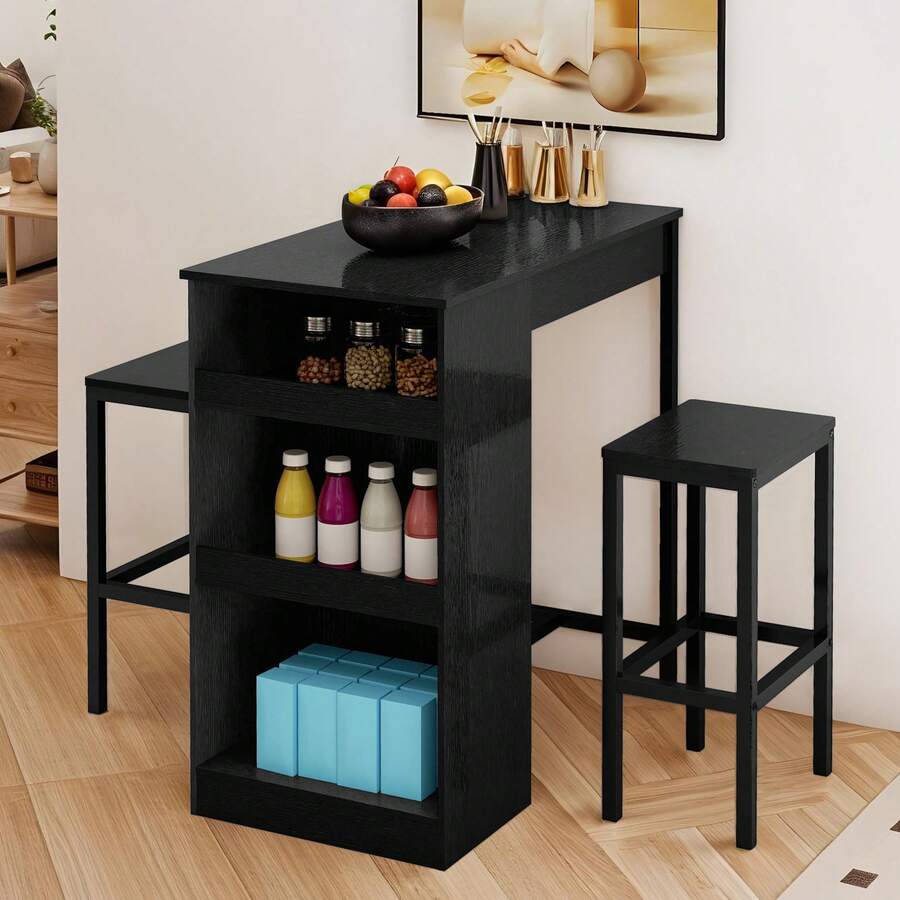 BALCONERA White Breakfast Bar Table Set – 2 Bar Stools With Footrest & Storage Shelf | Industrial Steel Frame Dining Bar Set For Kitchen, Dining Room & Pub - Black - View 1