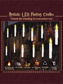 26pcs (12pcs 17cm/6.7in Candles, 12pcs 2cm/0.8in Hooks, 1pc 33.2cm/13.1in Magic Wand, 1pc 30m/9.8ft Fishing Line) Floating Candles With Magic Wand, Flameless Flickering Warm Light LED Taper Candles With Remote Control, Battery Powered For Christmas, Home, Wedding, Birthday Party Decor - Multicolor - View 6