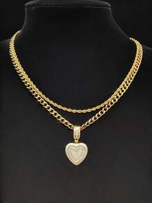 Bộ 2 món - 1 mặt dây chuyền hình trái tim Cubic Zirconia & 2 dây chuyền thép không gỉ, dây chuyền mặt dây chuyền phong cách Hip Hop dành cho nữ, dây chuyền mặt dây chuyền thời trang cổ điển, thích hợp đeo hàng ngày hoặc dự tiệc, quà tặng ngày lễ tình nhân - Vàng - Xem 11