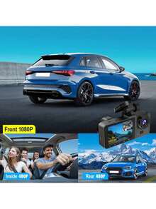 1 pieza, Cámara de salpicadero frontal, trasera y interior, Cámara de salpicadero de 3 lentes para automóviles, Cámara DVR para automóviles Full HD 1080P con grabación en bucle, Cámara para automóvil, Pantalla de 2 pulgadas, Tarjeta SD no incluida - Negro - Ver 4