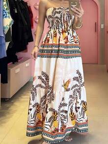 Look Of Millions!!! Long Strapless Dress With Floral Print - Blush Crush - View 2