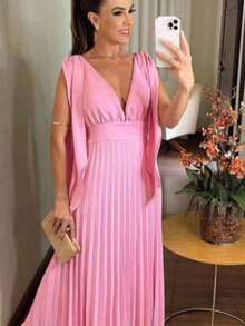 Long Pleated V-Neck Dress - Bridesmaid Dress - 淺粉色 - 查看 2