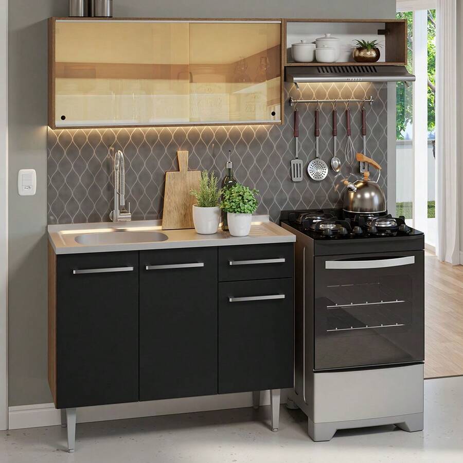 Cocina Integral Completa Modular Madesa Emilly 165cm Con Tarja Color Rustic/negro 05 - Marrón y negro - Ver 1