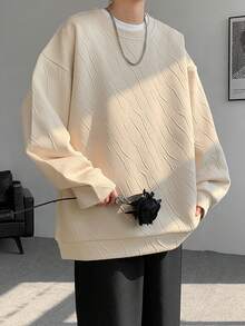 Men's Long-Sleeved Sweatshirt With A Jacquard Weave, Crew Neck, And Apricot-Colored, White, And Black Lining. Available In Plus Sizes, This Stylish, Casual Loungewear Top Is Perfect For Fall And Winter.