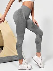 Heather Gray Yoga Leggings Seamless Tummy Control Gym Tights - Grey - View 3