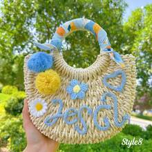 1pc Personalized Straw Woven Bag, Ribbon/Pom Pom/Crochet Flower, Fashion Letter Woven Tote Bag, Straw Handbag, Party Gift Bag, Bridesmaid Gift Basket - Multicolor - View 30