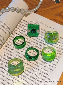 Bộ 6 chiếc nhẫn bản rộng đính đá trái tim màu xanh lá cây thời trang cá nhân hóa, nhẫn có thể xếp chồng lên nhau làm quà tặng trang sức phù hợp cho phụ nữ, sinh viên, trẻ em gái, bạn thân để đeo hàng ngày, tiệc tùng, du lịch - 6 bộ KRMS10-6 - Xem 3