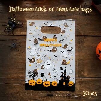 Halloween Bus-or-godis tygkassar, spök-, pumpa- och slottsdekorerade plasttygkassar / 30 st
