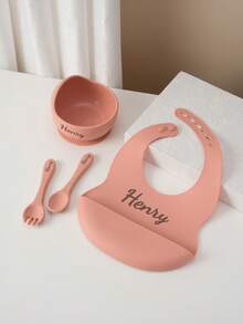 4PCS Personalized Customization Name Baby Silicone Tableware Suction Bowl Adjustment Bib Portable Spoon Fork Custom Color Contrast Dinner Set Back To School Winter Gift Ideas Boy Girl Valentine's Day, Letter, Ornamental, Exquisite, Stylish, Modern, Casual, Custom, Personalized, Unique, Customized, Ideal Gifts For Him, Ideal Gifts For Her, Son, Daughter - Multicolor - View 6
