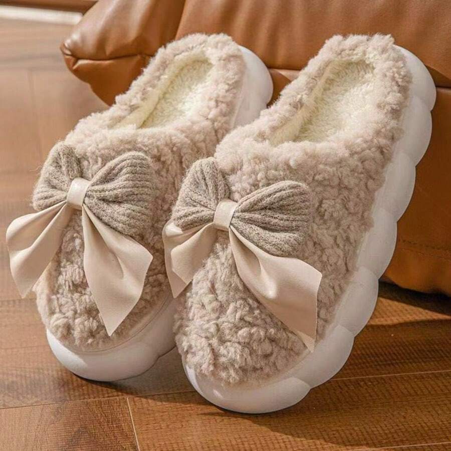 Women's Comfortable Winter Slippers With Bow - Plush Lining, Non-Slip Thick Sole Indoor Shoes, Warm & Cozy Ladies Slippers (Bow And Slipper Color May Vary By Batch)