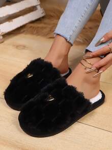Women's Autumn/Winter Indoor Slippers, Fashionable Minimalist Heart Decor, Lightweight Soft Sole Floor Slippers, Thermal Lined & Thickened - Black - View 7