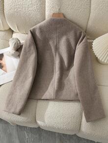 Women's Short Wool Blend Coat, Solid Color, Front Button Closure, Autumn/Winter - Grey - View 2