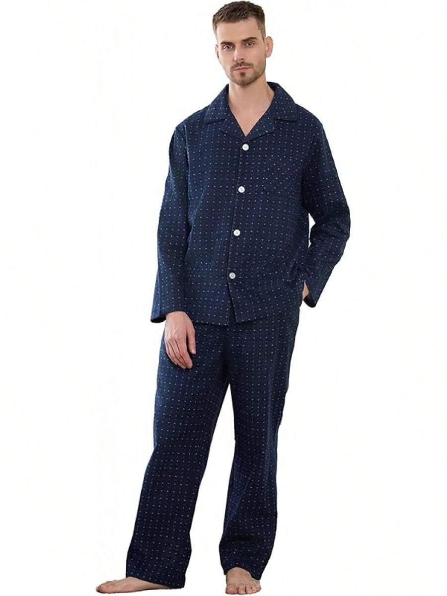 Men 100% Cotton Pajama Set, Soft Warm Button Down Pajama Sets For Men Comfy Plaid Fun Prints Lounge With Pocketshalloween - Point-navy - Xem 1