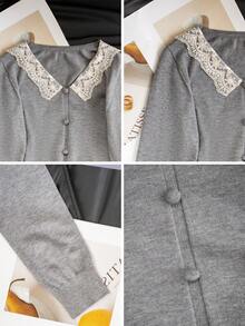 Women's V-Neck Long Sleeve Lace Trim Slim Fit Pullover Sweater