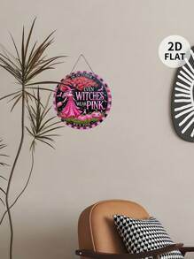 1 Stück 2D flach, Heimdekoration, Wanddekoration. Feiertags-Dekoration, Halloween-Dekorations-Schild, Hexe mit rosa Erkennungszeichen. Vintage-Stil, Holz-Wanddekoration-Schild, Geschenk für Freunde, Wandkunst, dekorative Plakette