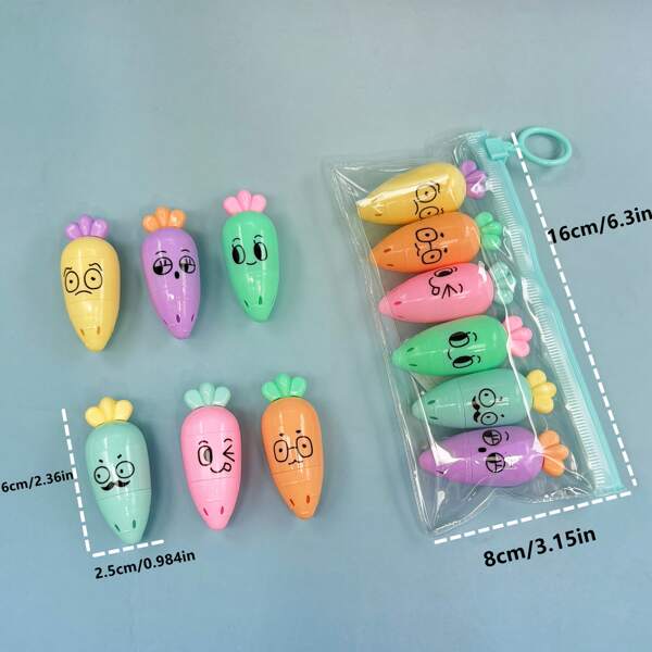 6pcs Carrot Shaped Fluorescent Highlighter Pens, Colorful & Fun Markers, Compact & Portable, Suitable For Diary, Doodle, Note-Taking, Great For School & Office Supplies, Holiday Gifts, Vibrant Stationery