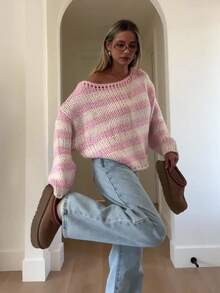Women's Cute Casual Long Sleeve Off-Shoulder Sweater Striped Pink Knitted Sweater Top Pullover Homecoming Fall Winter Going Out Outfits Clothes Suitable For Daily Wear