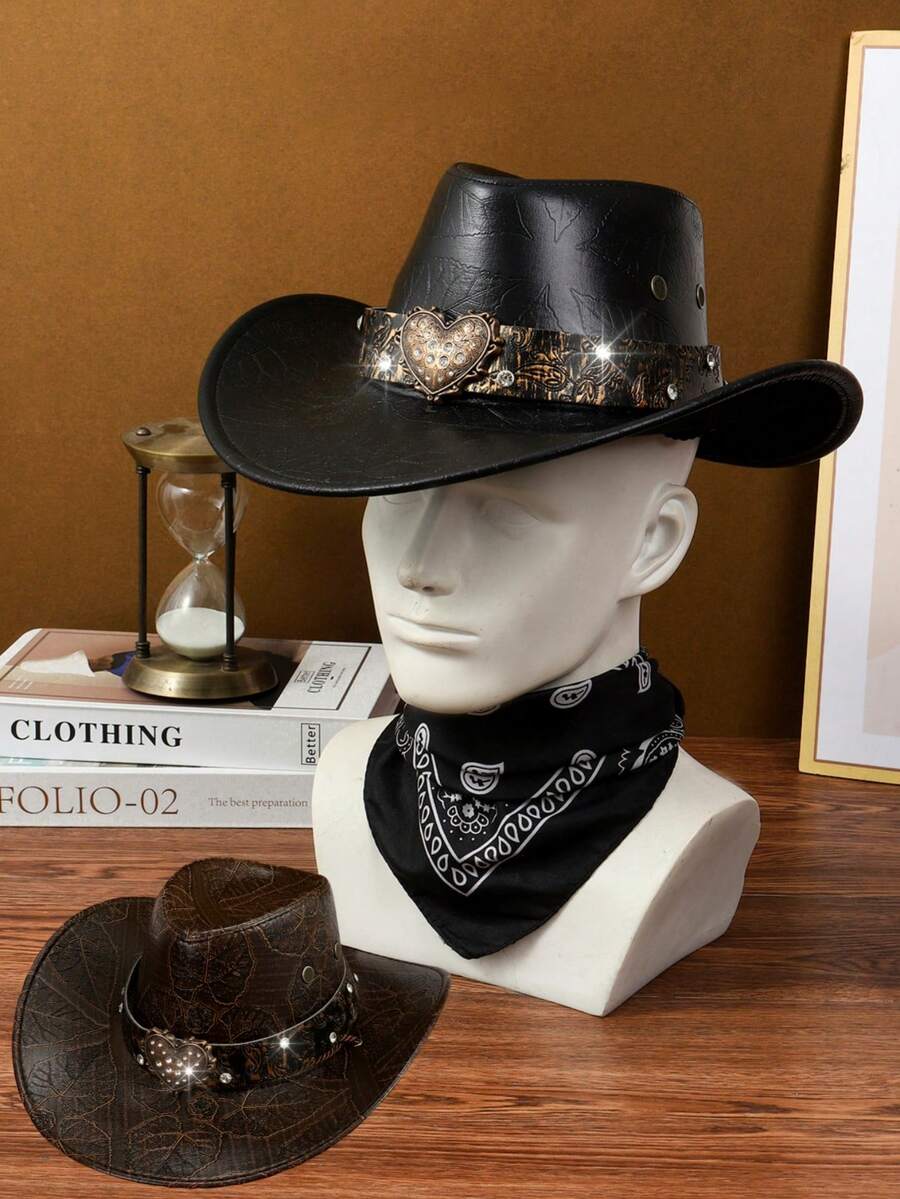 1 Set Includes: 1pc Metal Heart Diamond Cowboy Hat, 1pc Cashew Pattern Scarf, Unisex Elegant & Fashionable, Suitable For Travel, Party, Western Cowboy Theme Party And Daily Use