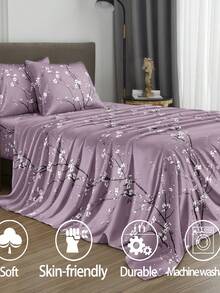 4 件套紫色梅花枝花卉图案床单套件易于护理超细纤维柔软床上用品套装花卉床笠套件（1 件床单+1 件床笠+2 个枕套）床笠套件特大号双人床全尺寸床单深口袋最大 11.8 英寸枕套，柔软透气防皱，更适合睡眠，豪华酒店风格，送给妈妈爸爸朋友的礼物宿舍床上用品返校床上用品宿舍床上用品返校床上用品 - 紫色 - 查看 2