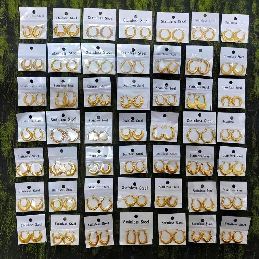 50款不鏽鋼女款耳環,6/24對隨機混搭,韓日簡約風,時尚不對稱設計,日常與派對珠寶 - 彩色 - 查看 1