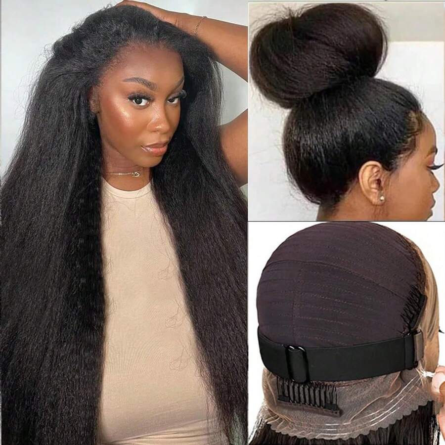bling hair Hidden Strap Kinky Straight 360 Glueless Wigs Human Hair Pre Cut Pre Plucked 200 Density Wet And Wavy  Full Lace Frontal Drawstring Wig With Baby Hair(20 Inch) - Natural Black - View 1