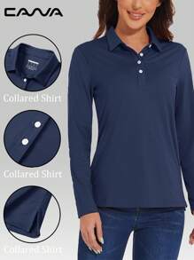 Cavva 女式 UPF50+ 长袖 Polo 衫 吸湿排汗 速干 轻盈透气 修身 侧开衩 防晒 高尔夫 网球 徒步 户外 - 藏蓝色 - 查看 3