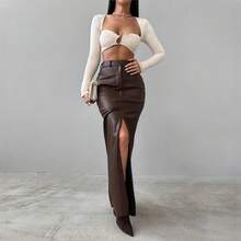 Women's Clothing Leather Design Slit Solid Color High Waist Simple Leather Slim Fit Midi Skirt - Black - View 2
