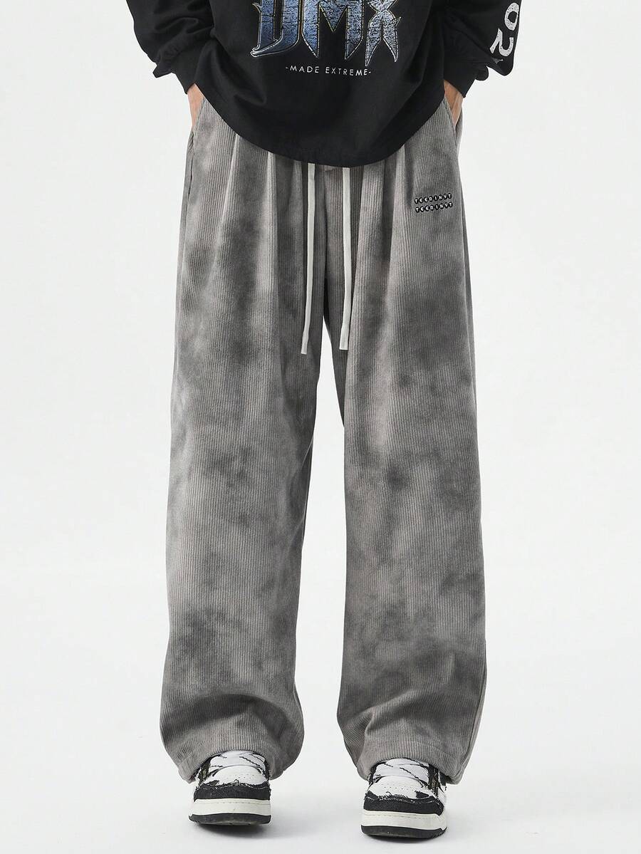 Plus Size Corduroy Casual Pants, Embroidered Straight-Leg Casual Trousers, Suitable For Autumn/Winter, For Fall - Grey - View 1