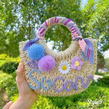 1pc Personalized Straw Woven Bag, Ribbon/Pom Pom/Crochet Flower, Fashion Letter Woven Tote Bag, Straw Handbag, Party Gift Bag, Bridesmaid Gift Basket - Multicolor - View 24