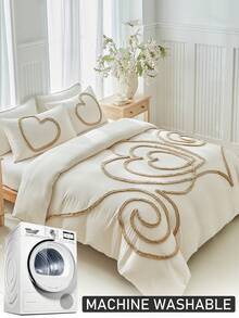 2/3 件卡其色心形图案簇绒涤纶羽绒被套，破旧别致现代奢华大号床上用品套装，适合所有季节（1 个羽绒被套 + 1/2 个枕套），柔软透气，无填充物 - 卡其色 - 查看 8