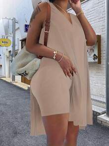 1pc Plus Size Women's Sexy Sleeveless, Soft And Comfortable Loose V-Neck With Elastic, Skin-Friendly And Breathable, Simple And Elegant Clothing - 棕色 - 查看 5