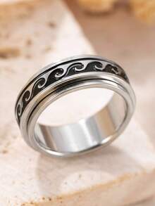1pc Stainless Steel Wave Pattern Rotating Ring, Stress Relief Jewelry Suitable For Men And Women, Daily Wear, Valentine's Day Gift - Silver - View 4
