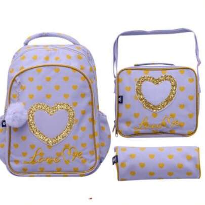 KIT DE 3PIEZAS MOCHILA ESCOLAR DE CORAZON INCLUYE LAPICERO Y RONCHERO CORAZON LILA
