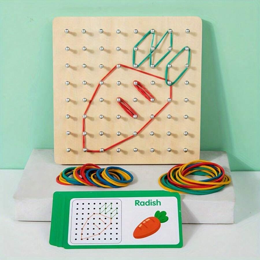 1 Set Kids Nail Board Toy, Effective Exercise Children's Thinking, Spatial Positioning, Imagination And Creative Thinking Ability, Includes 30 Double-Sided Puzzle Cards, 10 Large Rubber Rings, 20 Medium And 20 Small Rubber Rings, Wooden Geometric Math Educational Toy - 新款釘子板 - 查看 1