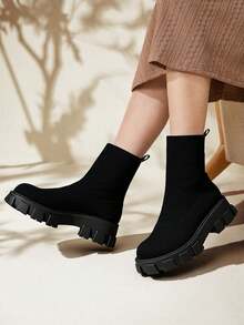 Botas negras de punto con suela gruesa para mujer, sencillas y elegantes Botines de punta redonda Botas sin cordones para mujer - Negro - Ver 1