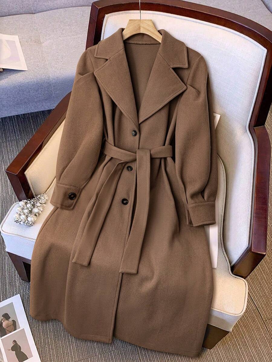 Solid Color Knotted Waist Pocket Casual Overcoat - Chocolate Brown - View 1