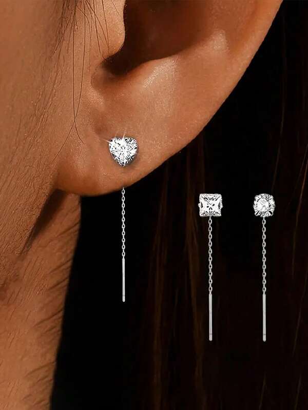 1 par de pendientes de plata de ley 925 con circonita redonda, pendientes de lujo minimalistas con flores para mujeres, nuevos pendientes con borlas y estrellas, pendientes cuadrados delicados, pendientes con corazón dulce, regalo exquisito