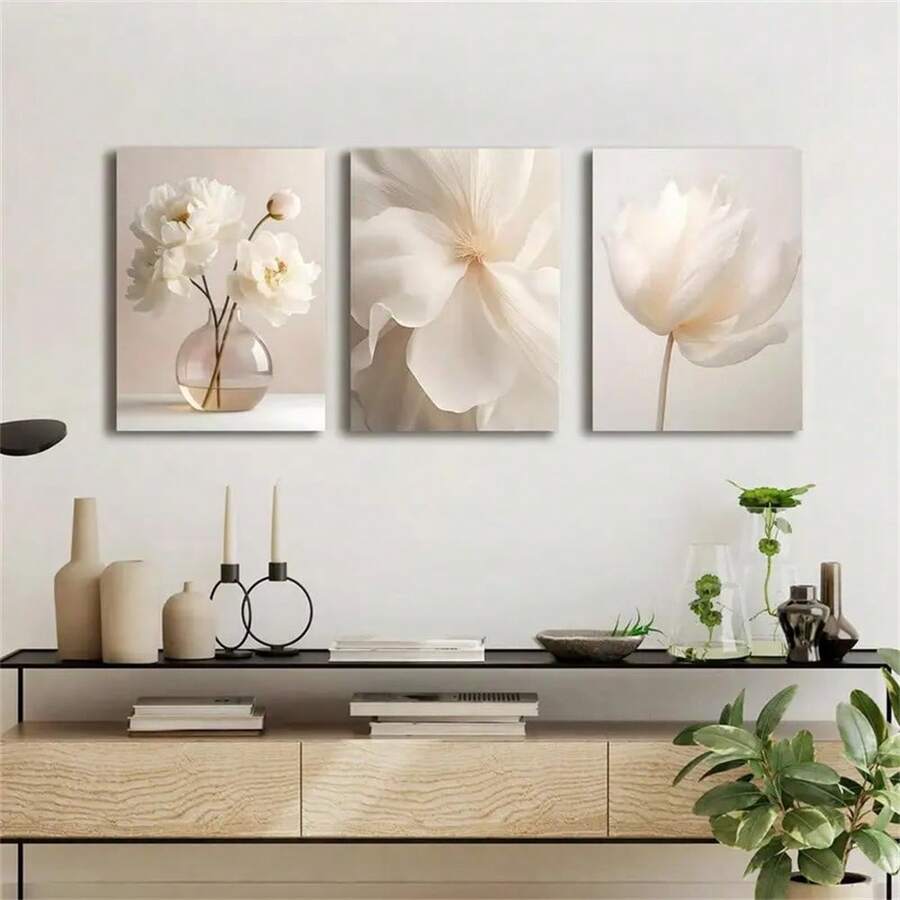 1 peça/3 peças pôsteres de artes de parede botânico moderno boêmio bege flores brancas plantas pinturas em tela impressões para decoração de casa sala de estar quarto escritório dormitório design de fundo imagem presentes descolados moldura opcional - Multicolorido - Ver 1