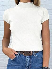 Womens Summer Short Sleeve Mock Neck Casual Basic Knit Slim Fitted Pullover Tops Shirt - 白色 - 查看 2
