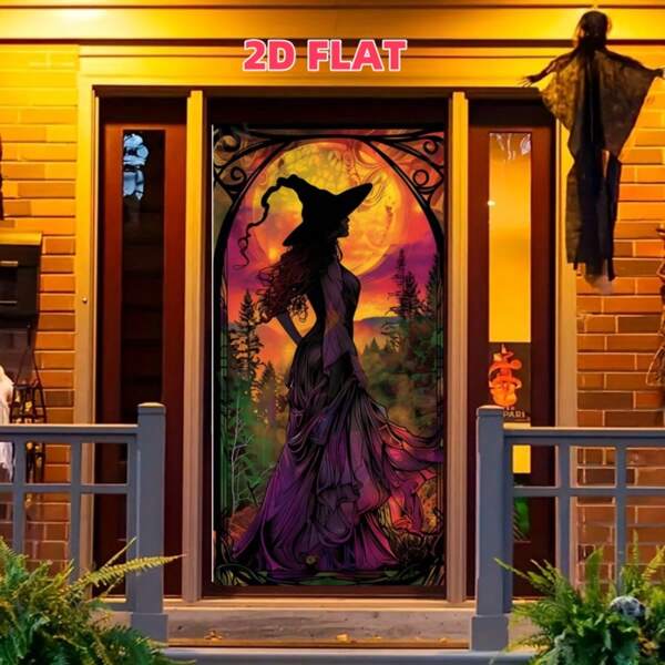 1 Halloween Witch Door Casing - Elegant Witch Outline In Colored Glass Style, Multi-Sized Polyester Backing For Indoor/Outdoor Doorways, Suitable For Halloween Parties And Eerie Home Decoration