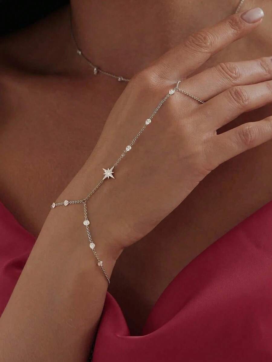 1pc Women's Silver-Tone Rhinestone Hexagram Finger Hand Chain, Fashionable Personalized Jewelry Accessory For Party & Banquet - Silver - View 1