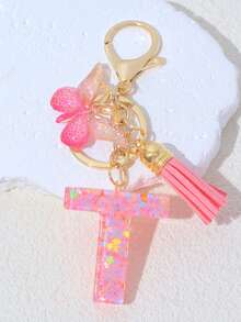 1pc A-Z Letter Butterfly Children's Bag Charm, Bag Accessory, Butterfly Tassel Letter Pendant Keychain, Pink Glitter Letter Keychain With Butterfly Tassel, Girls Bag Charm, Party Gift - Pink - View 14