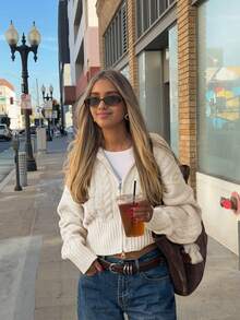Senya Nuevo Cárdigan de Punto Trenzado con Cuello Oversize y Doble Cremallera para Otoño/Invierno, Cárdigan Casual Holgado de Hombros Caídos, para Uso Diario, Maestros, Aeropuerto, Día de San Valentín de Invierno, Año Nuevo - Albaricoque - Ver 2