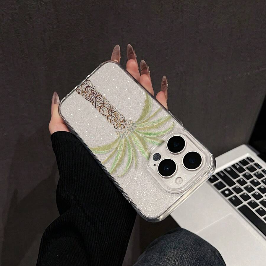 Arabic Palm Tree Anti-Drop Phone Case Compatible With IPhone 11 Pro Max, 16 Pro Max, 15 Pro, 14 Plus, 13, 12, 11, 13 Pro Max, 12 Pro - Transparent Fine Shimmer - View 1