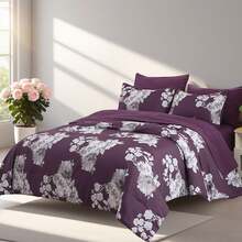 7pcs Fashionable Flower Printed Bed Comforter Set, 100% Polyester Soft Comfortable And Durable Summer Bedding Set, Include 1 Comforter+1 Flat Sheet+1 Fitted Sheet+2 Pillowcases+2 Pillowsham,All-Season, Bed In A Bag, Perfect Room Decor, Holiday Gift - Purple - View 2
